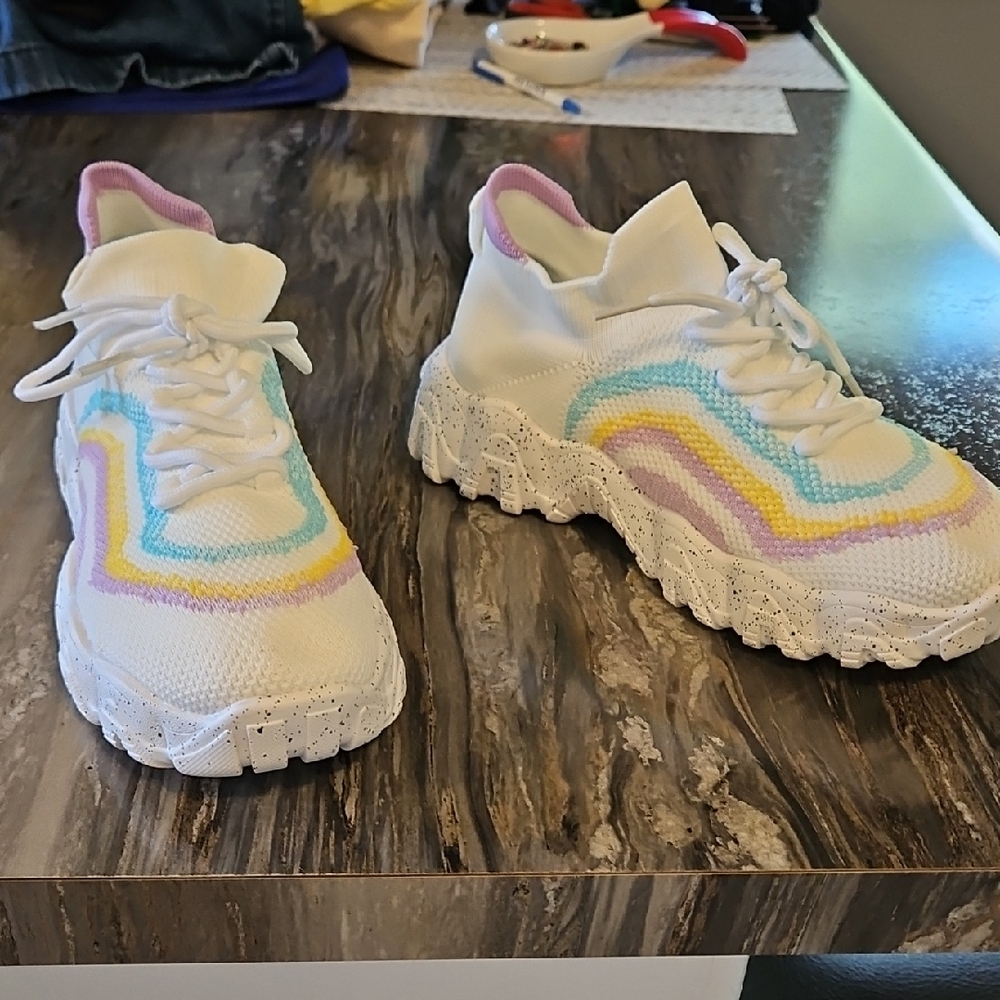 White Sneakers with Pastel Rainbow Accents